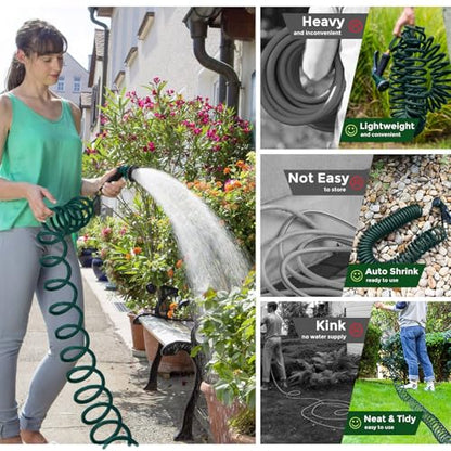 Coil Hose 25FT EVA Coil Garden Hose With 3/4'' Brass Connector - color: Green, size: 25ft