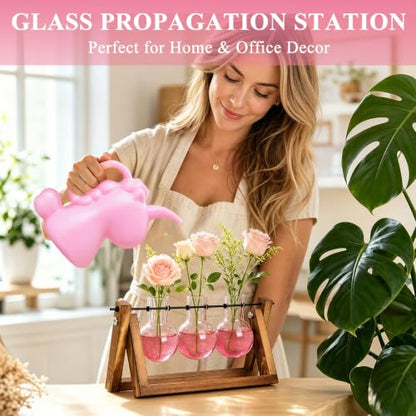 XXXFLOWER Plant Terrarium Kit with Wooden Stand 3 Gradient Pink Bulb Vases - color: Pink
