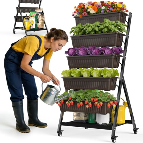 5-Tier Vertical Garden Bed Planter Boxes with Wheels, Drainage System & Storage Space, Mobile Vertical Garden Planter with 5 S-Hooks for Plants Vegetables Flowers Herbs in Garden Patio Yard - style: with wheels