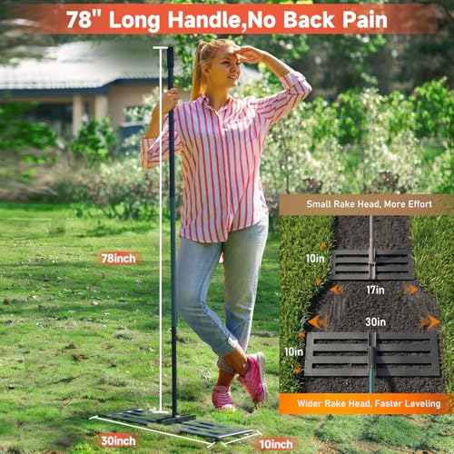 Lawn Leveling Rake, 30x10 Stainless Steel Leveler with 78" Handle - color: Green