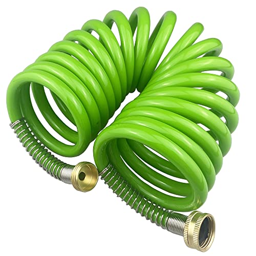 Darnassus Garden Hose,15 Feet Green PU Curly Water Hose with Brass Connectors,Watering Hose Coil,Retractable,Corrosion Resistant Garden Coil Hose - color: Green, size: 15 FT