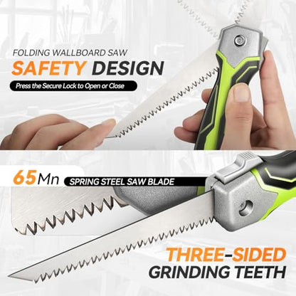 Auto Dynasty Folding Handsaw with Triple Ground Teeth, Drywall Saw, Oil-Resistant Comfort Grip for Drywall, Wallboard, Plywood, Sheetrock, Plasterboard, Green - style: Folding Wallboard Saw