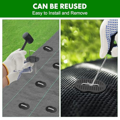 Ground Staples with Rubber Hammer,Pick Hook and Gloves,6Inch 100pcs Galvanized Garden Pegs+ 100pcs Gaskets,Anti-Rust,U-Shaped Lawn Spikes,Landscaping Fabric Pins for Weed Barrier,Yard Grass Cover