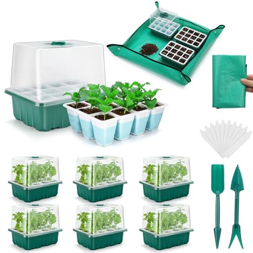 Hanaoyo Reusable Seed Starter Tray with 72 Soft Silicone Cells, 6 Pack Seed Starter Kit with Repotting Mat, Humidity Dome and High Lid, Germination Trays for Indoor Greenhouse Seed Starter - color: Blue-6 Pack