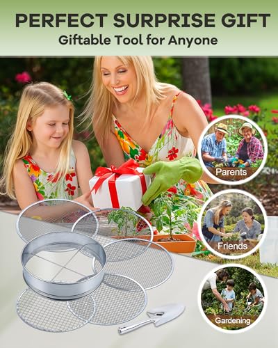 5-in-1 Soil Sifter Set with 5 Replaceable Stainless Steel Mesh Screen & Shovel (1/8" to 1/2"), Soil Sifter for Soils, Compost, Bonsai, Cat Litter and More（11-5/8" Diameter）