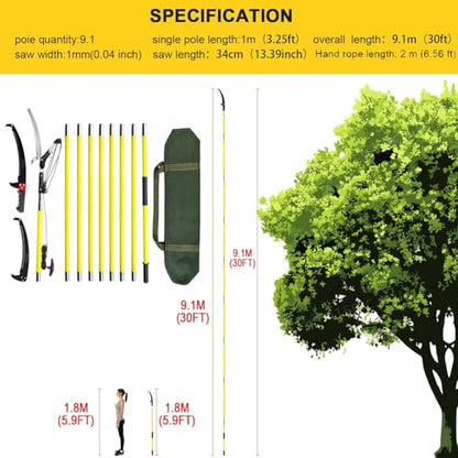 30Ft Tree Pole Pruner, 2025 Upgraded Spring Manual Branches Trimmer for Garden Tools Loppers Hand Pole Saws Extendable Height with Knives and Storage Pocket