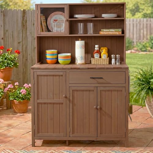 65" Outdoor Potting Bench with Storage Cabinet and Adjustable Shelves, Wooden Garden Workstation with Drawer, Open Shelves and Side Hooks, Patio Potting Table for Backyard, Balcony (Brown) - color: Brown