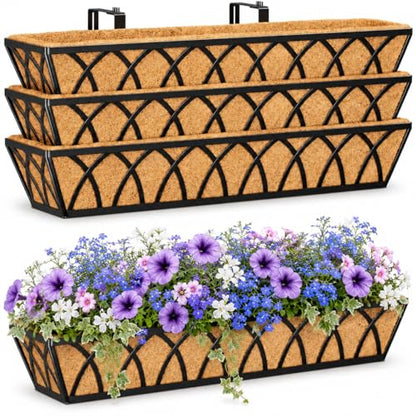 Y&M 4 Pcs 30'' Deck Railing Planters Outdoor Balcony, Large Metal Window Box Deck Railing Planter with Coco Liner for Outdoor Balcony Porch Fence Patio Rail - size: X - 30in 4p