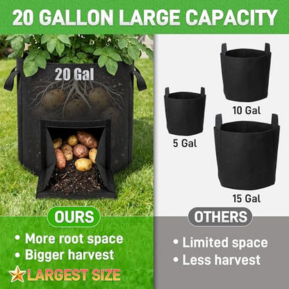 Mulctun 5Pcs 20 Gallon Potato Grow Bags, Grow Bags with Harvest & Visible Windows,Potato Bags for Growing Potatoes with Sturdy Handles,Potato Growing Containers for Growing Potatoes Vegetables - size: 5 Pcs