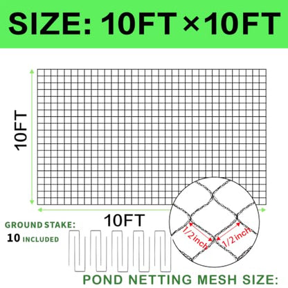10x10ft Koi Pond Netting for Leaves, 1/2 in Mesh Netting Pond Cover Kit - size: 10FT*10FT