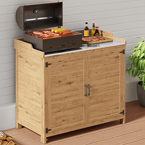 Gizoon Outdoor Potting Bench with Metal Tabletop, Wooden Cabinet, Natural