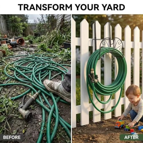 Garden Hose Holder for Outside Yard Hang Over The Door and Fence, Holds Up to 150Ft (Large Black) - color: Large Black