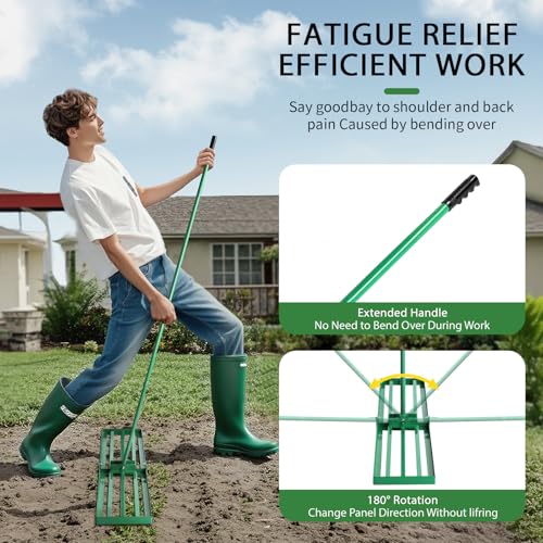 VINGLI Iron Lawn Leveling Rake 36in for Soil Sand Composs, Extended Handle, 180°Rotation Head, with All Handwares, for Yard Garden Golf Field, Green (36in) - color: 36in