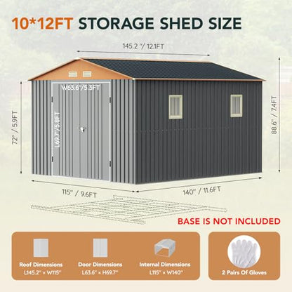10x12x7.4FT Outdoor Storage Shed with Lockable Large Doors, Matte Gray - size: 10*12FT (No Base)
