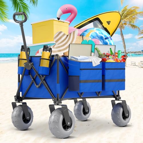 Beach Wagon with Big Wheels for Sand, 350lbs Heavy Duty Folding Wagon - color: Sky Blue