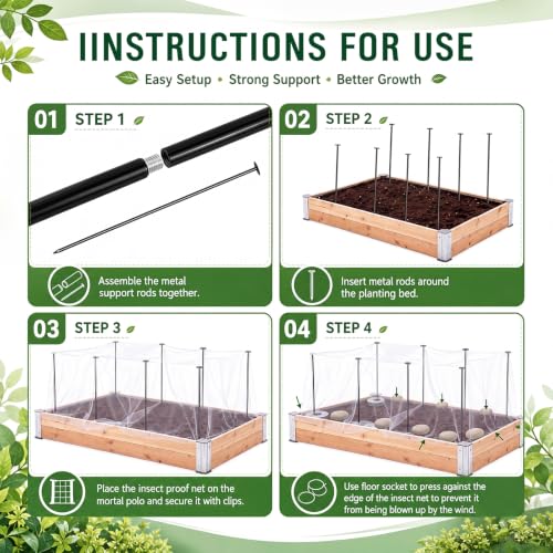 Large 10x20ft Garden Netting Kit for Raised Beds with Metal Support Stakes