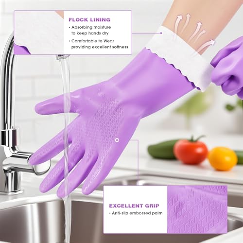 Elgood Reusable Dishwashing Cleaning Gloves with Latex free, Cotton lining,Kitchen Gloves 2 Pairs,Purple+blue large - color: Purple+blue, size: Large (Pack of 2)