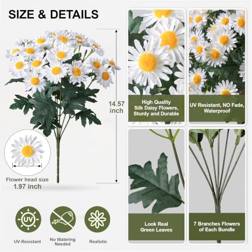 HyeFlora Artificial Fall Faux Mums Flowers Outdoor Plants for Decoration, 6 Bundles Fake Silk White Gerbera Daisy Flowers UV Resistant Look Real for Planter Outside Front Door Porch Patio Balcony - color: White-gerbera