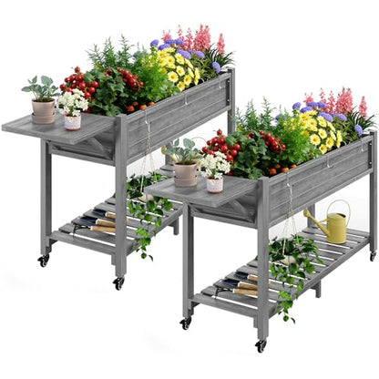 YEFU Raised Garden Bed with Legs, HIPS, Waterproof, 57x18x30in, 2pcs, Grey - color: Gray, size: All-in-One Rolling Planter(2PCS)