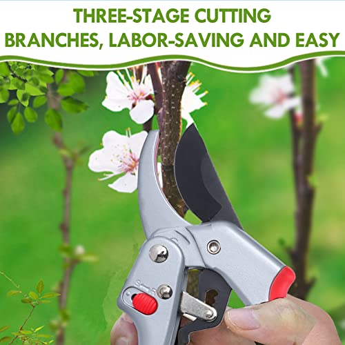 Garden clippers, premium Germany pruners, Work 3 times easier, professional ratchet pruning shears, cutting rose, flower, hedge, stem, tree, Sharp gardening scissors, Arthritis weak hand snips - color: Red/Silver