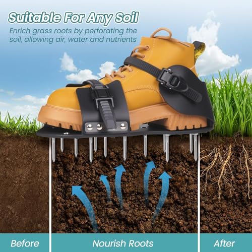 Lawn Aerator Shoes - Heavy Duty Lawn Aerator Tool for Grass with Cleaning Shovel & 6 Extra Spikes, Easy Assembly with Upgraded T-Wrench, Manual Garden Soil Aeration Tools for Yard Care