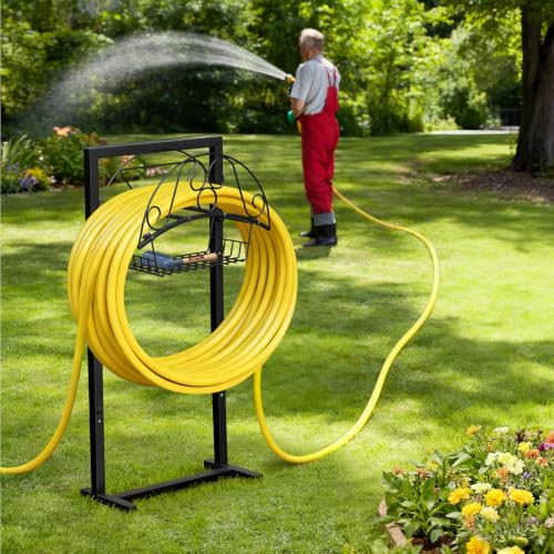 Skypatio Garden Hose Holder with Basket, Metal Water Hose Holder Holds 150ft Hose, Freestanding Hose Storage Stand with 4 Stakes, Rust-Resistant Heavy Duty Hose Hanger for Outside