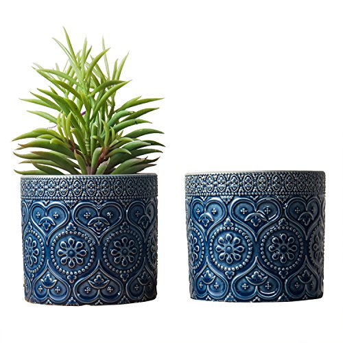 MyGift 4-Inch Cobalt Blue Ceramic Succulent Planter Pots, Set of 2