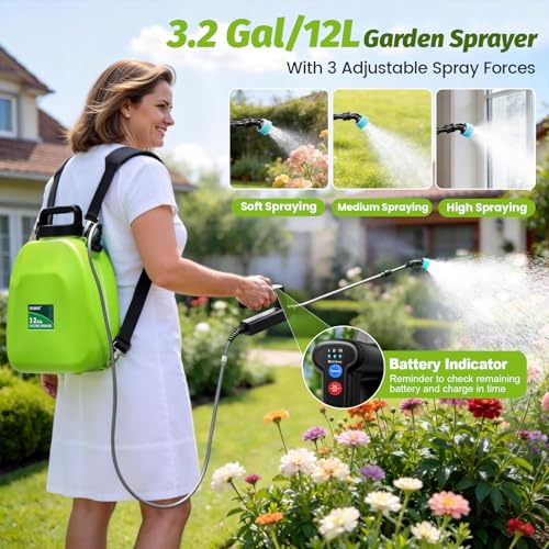 Battery Powered Backpack Sprayer 3.2Gallon, Electric Sprayer with 3-Adjustable Sprayings, Battery Indicator, 5 Nozzles, 41" Retractable Wand, Rechargeable Garden Sprayer for Weed, Lawn&Yard - size: 3.2 Gallon