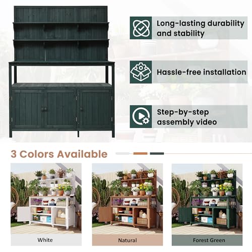 Christopher Knight Home Belfast 50.20" W Outdoor Potting Bench Table, Fir Wood Potting Table, Large Gardening Workstation with Storage Shelf, Ample Space Garden Tools Organizer for Backyard, Green