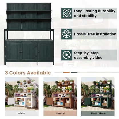 Christopher Knight Home Belfast 50.20" W Outdoor Potting Bench Table, Fir Wood Potting Table, Large Gardening Workstation with Storage Shelf, Ample Space Garden Tools Organizer for Backyard, Green
