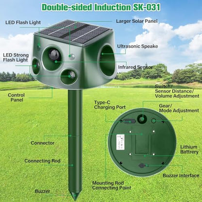 Squirrel Repellent,4 Sided 360° Cat Repellent Outdoor with 7 Modes Adjustable,IP66 Waterproof Deer Repellent Devices,Double-Sided Flashing Light & Ultrasonic Speaker for Cat Squirrel Bird Dog Deer