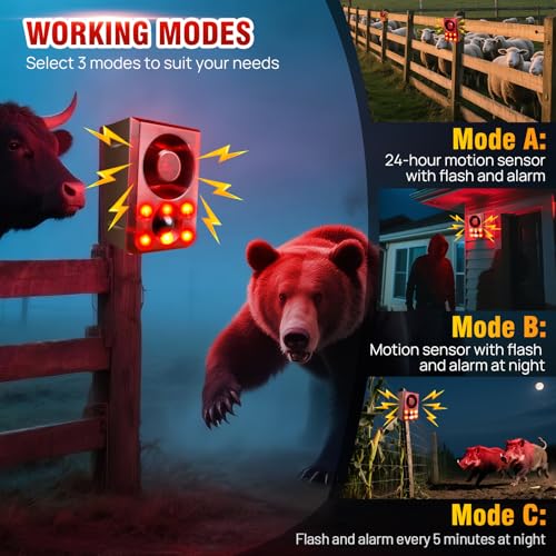 Solar Outdoor Motion Sensor Alarm, Dog Barking&Gunshot Sound,130db Loud - color: Red+Brown