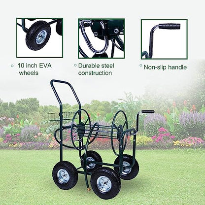 4 Wheel Garden Hose Reel Cart Heavy Duty Yard Water Planting with Storage Basket,Holds 390FT Hose