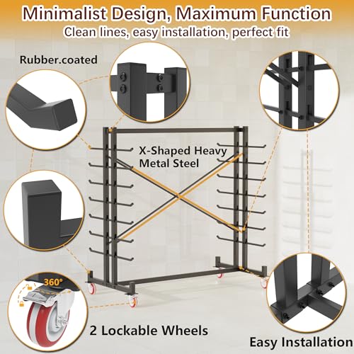 Lumber Storage Rack, Heavy-Duty 2000LBS Rolling Lumber Rack on Wheels, 7-Tier Wood Storage Rack with X-Braced Steel Frame, Pipe Rack Organizer Shelving Unit for Garage Workshop - style: With Wheel