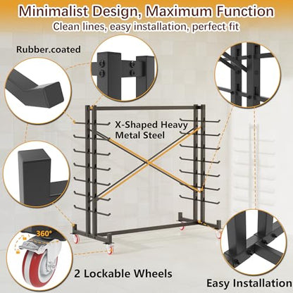 Lumber Storage Rack, Heavy-Duty 2000LBS Rolling Lumber Rack on Wheels, 7-Tier Wood Storage Rack with X-Braced Steel Frame, Pipe Rack Organizer Shelving Unit for Garage Workshop - style: With Wheel