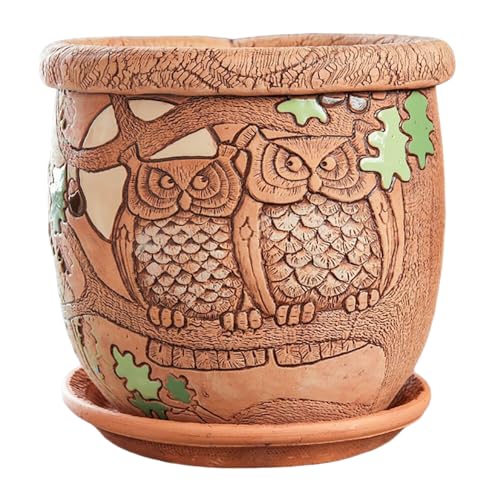 STP GOODS Ceramic Pot with Drainage Hole and Saucer, Plant Pots, Modern Decorative Planters for House Plants Indoor Flowers Plants, Cute Flower Pot - Gifts (Owls (1.6 L)) - color: Owls (1.6 L)