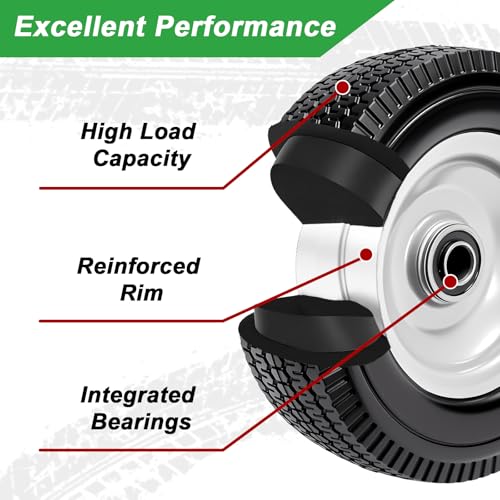 (2-Pack) 4.10/3.50-4" Flat Free Tire and Wheel, 10" Solid Tire with 5/8" Axle Bore Hole, 2.2" Offset Hub for Hand Truck Garden Wagon Cart Gorilla Carts Trolley Dolly Lawn Mover Replacement - size: 10 Inch