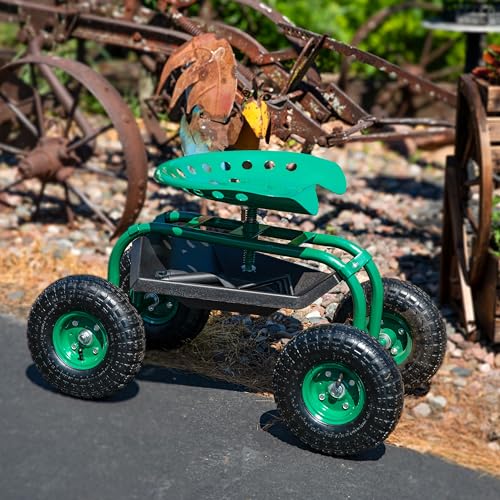 Sunnydaze Rolling Garden Cart with Swivel Seat and Storage, Green - color: Green