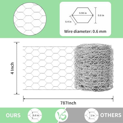 Chicken Wire 4 in x 787 in Poultry Wire Netting Hexagonal Galvanized Mesh Garden Fence Barrier for Pet Rabbit Chicken Fencing with 100 Pcs Cable Zip Ties - color: Silver, size: 4"x787"+100Ties