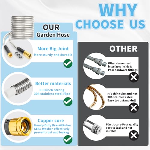 Metal Garden Hose 100FT Heavy Duty Lightweight 304 with Brass Nozzle,Durable Fittings,No Kink & Tangle,Puncture Resistant,Easy to Use & Store for RV,Outdoor, Yard,Ligh (100ft) - size: 100ft