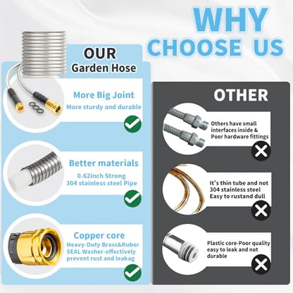 Metal Garden Hose 100FT Heavy Duty Lightweight 304 with Brass Nozzle,Durable Fittings,No Kink & Tangle,Puncture Resistant,Easy to Use & Store for RV,Outdoor, Yard,Ligh (100ft) - size: 100ft