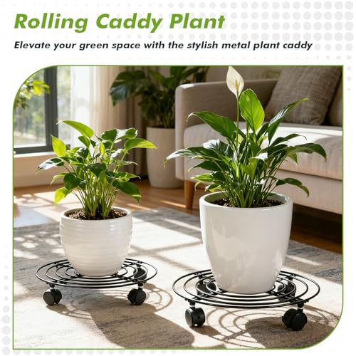 5-Pack Metal Plant Caddy 11.8" Dolly with Wheels - Heavy-duty Wrought Iron Rolling Plant Stand with Casters for Indoor and Outdoor Use - Black, Plastic Saucers Included - color: Balck