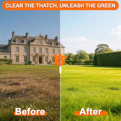 21-Tine Thatch Rake for Lawn,15" Heavy Duty Dethatcher Rake with 68" Handle - color: Orange