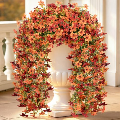 6 Pcs Artificial Hanging Mums for Outdoors, UV Resistant Fake Fall Flowers - color: Red Orange