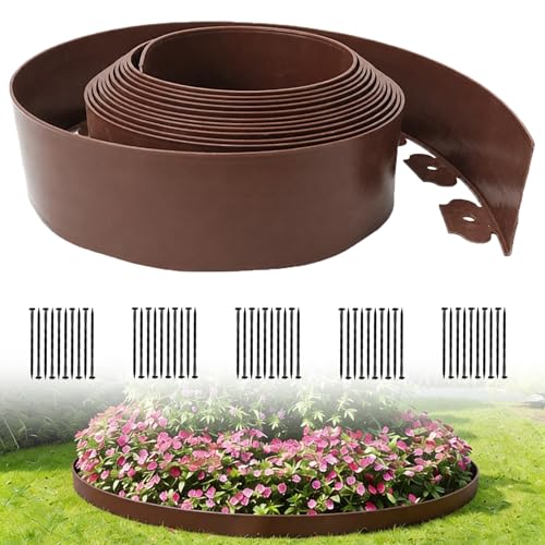 Landscape Edging 33FT, [Extra Tall 4IN] Garden Edging Borders with 50 Stakes,Flexible Lawn Edging Kit DIY for Flower Beds, Yard, Tree, Pathway, Playground, Paver Edge (Brown) - color: Brown, size: 4in*33FT