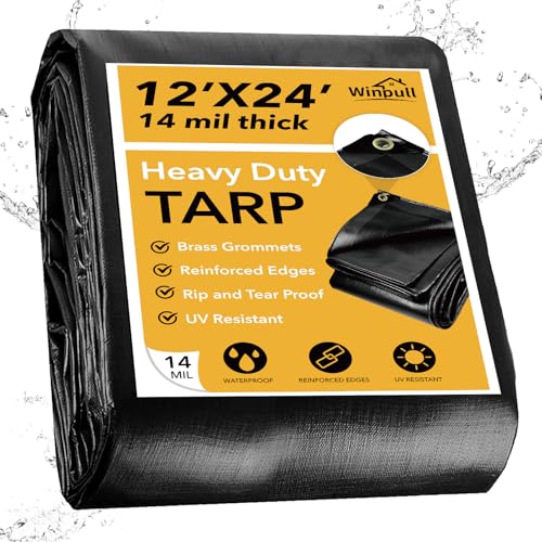Winpull Heavy Duty Tarp 14 Mil Tarp Waterproof Black 12x24 FT, UV Resistant Poly Tarp with Reinforced Grommets for Camping, Boat Cover, Patio Furniture, Roof, Firewood Pile - color: Black-14mil, size: 12'x24'