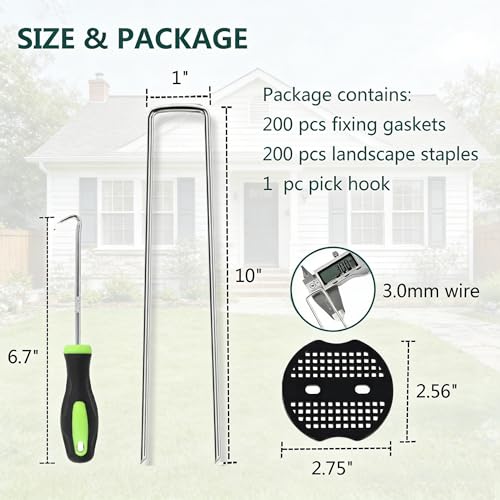 10 Inch 200 PCS Galvanized Landscape Staples with 200 PCS Gasket, Landscape Fabric Pins Stakes Lawn Ground Cover Graden Staples Spikes Weed Barrier Stakes - size: 10" 200 Pack