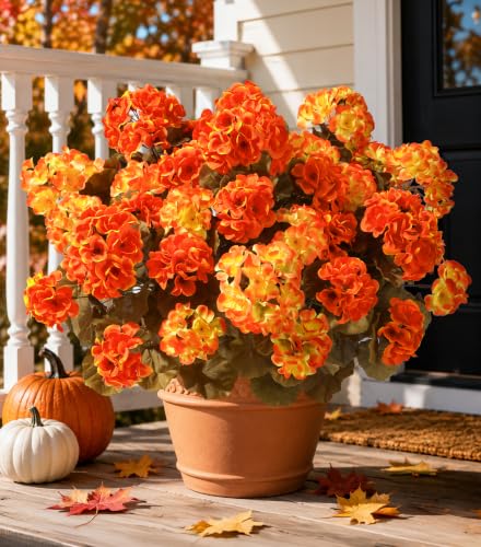 Fake Geraniums Fall Flowers Artificial Flowers for Outdoors Autumn Decor, 6 Bundles Silk Geraniums Fake Plants Realistic UV Resistant Faux Flowers for Outdoor Planters Front Door Porch Yard Home, Mix - color: Fall 2 Mix Orangeyellow Orange