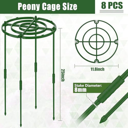 MJZ 8 Pack Peony Cages and Supports, 11.8" D x 25" H Plastic Plant Supports - color: Green-Plastic-8PC