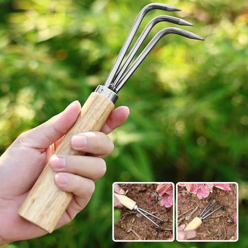 Garden Rake with 3-Claw for Loosening Soil in Flower Bed (Gold) - color: Gold